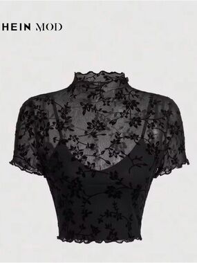 SHEIN Black Floral Mesh Crop Top